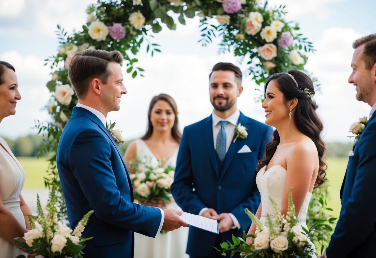 A person officiating a wedding ceremony, surrounded by flowers and with a couple standing in front of them