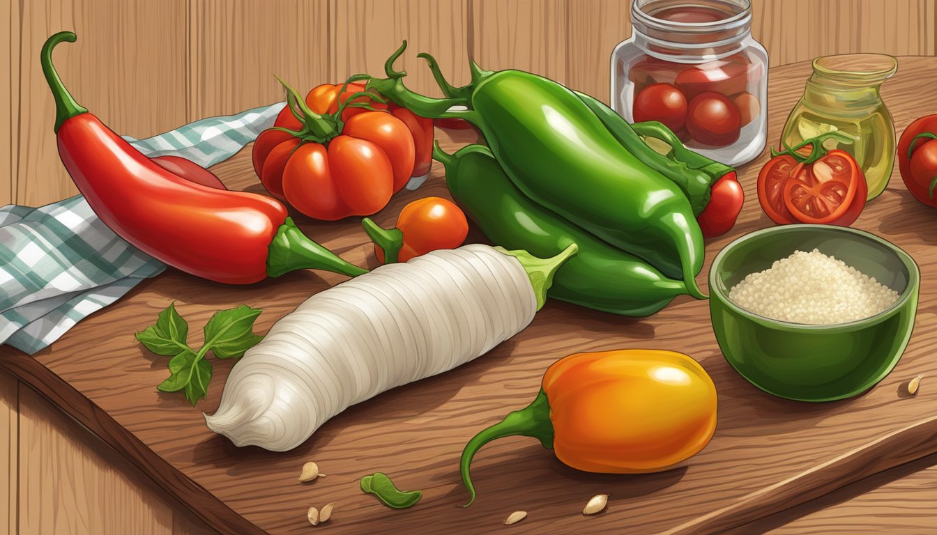 A variety of fresh chili peppers, tomatoes, garlic, and vinegar arranged on a wooden cutting board