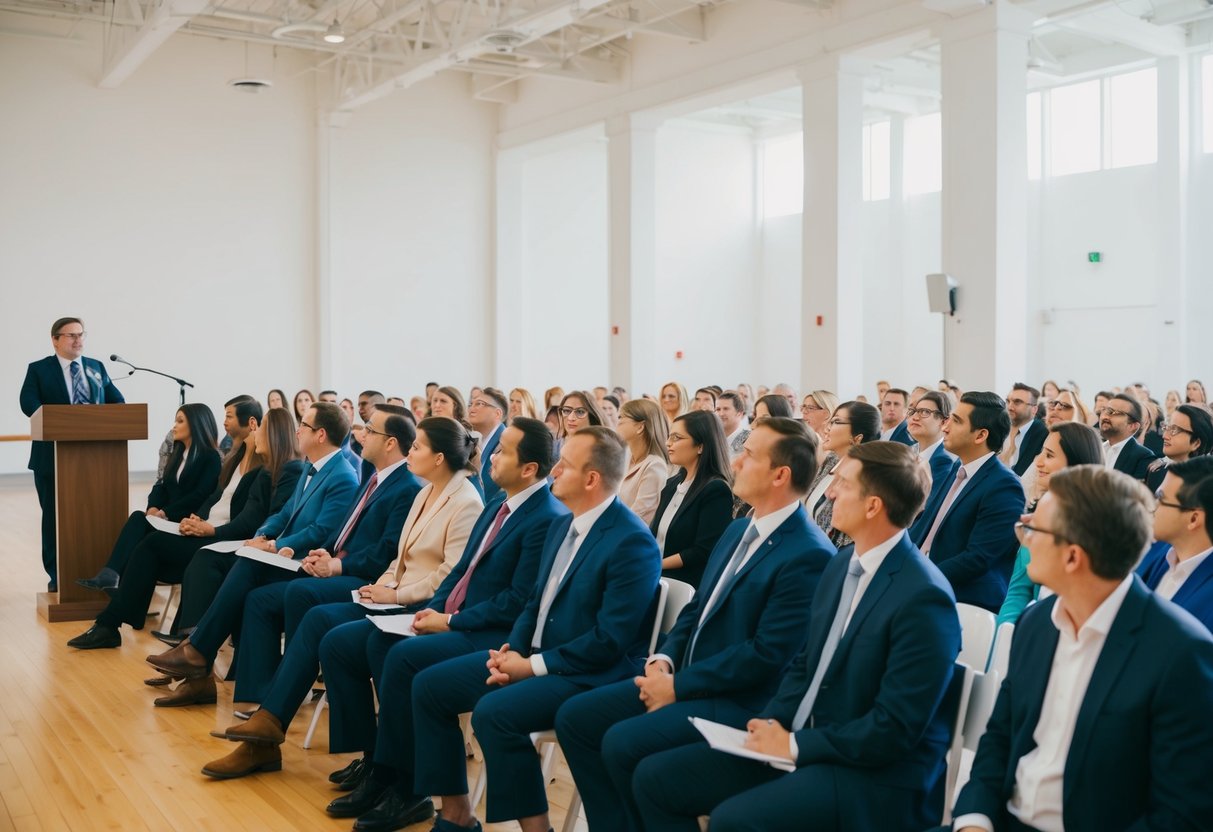 A group of people sitting in rows, listening to a speaker at a podium in a large, bright room with high ceilings