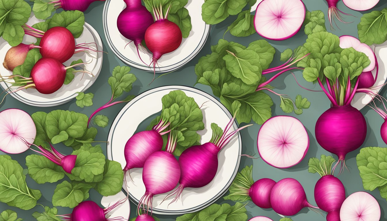 A table set with a variety of colorful radishes, including China Rose Radish substitutes, arranged in a decorative pattern