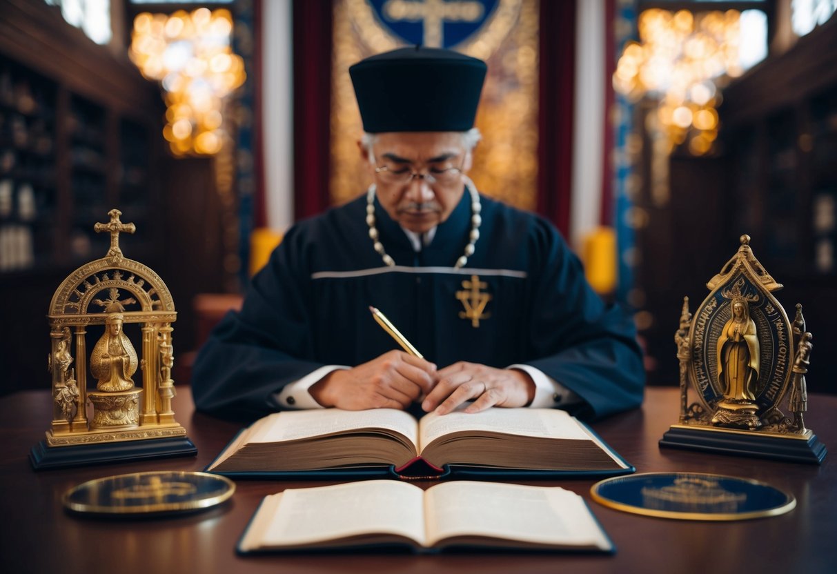 A figure studying a thick book surrounded by symbols and religious artifacts