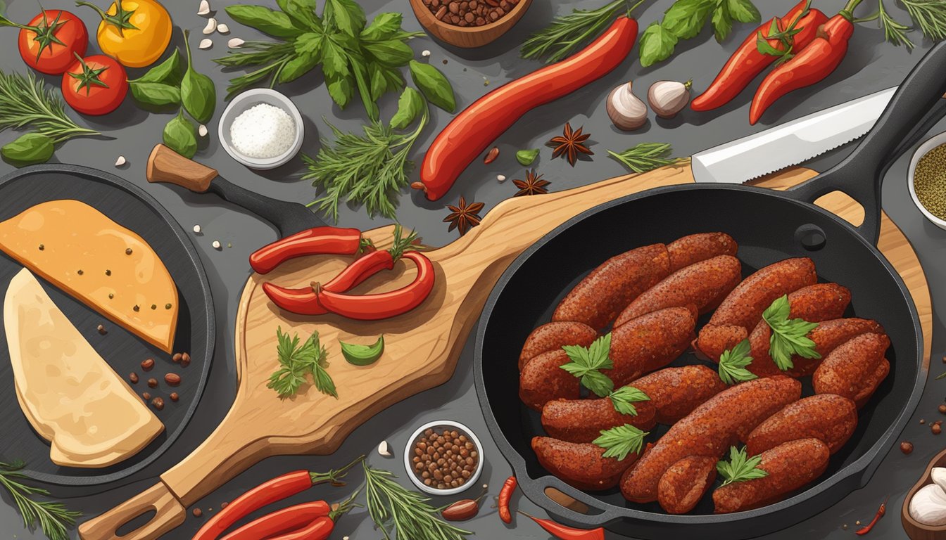 A sizzling skillet with various chorizo substitutes, surrounded by spices and herbs, with a chef's knife and cutting board nearby