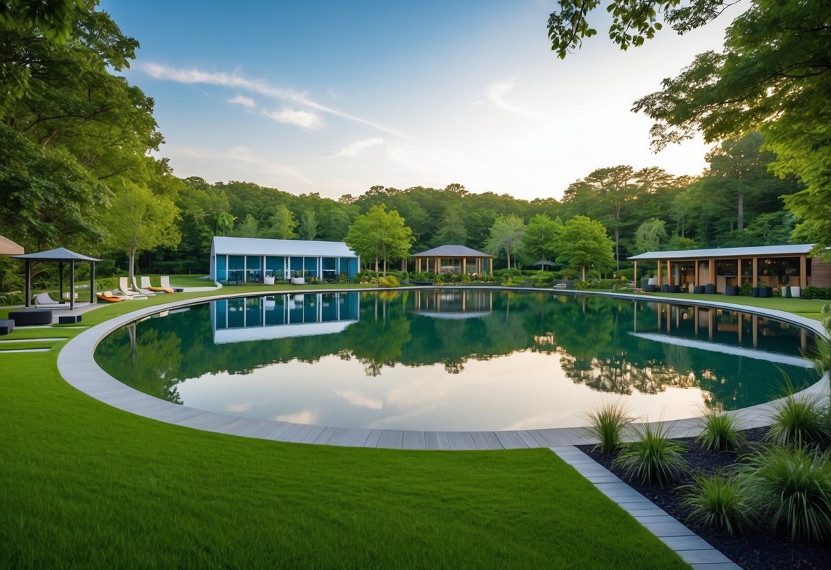 A serene outdoor setting with a tranquil lake and lush greenery, surrounded by various training venues such as a yoga studio, martial arts dojo, and a meditation garden