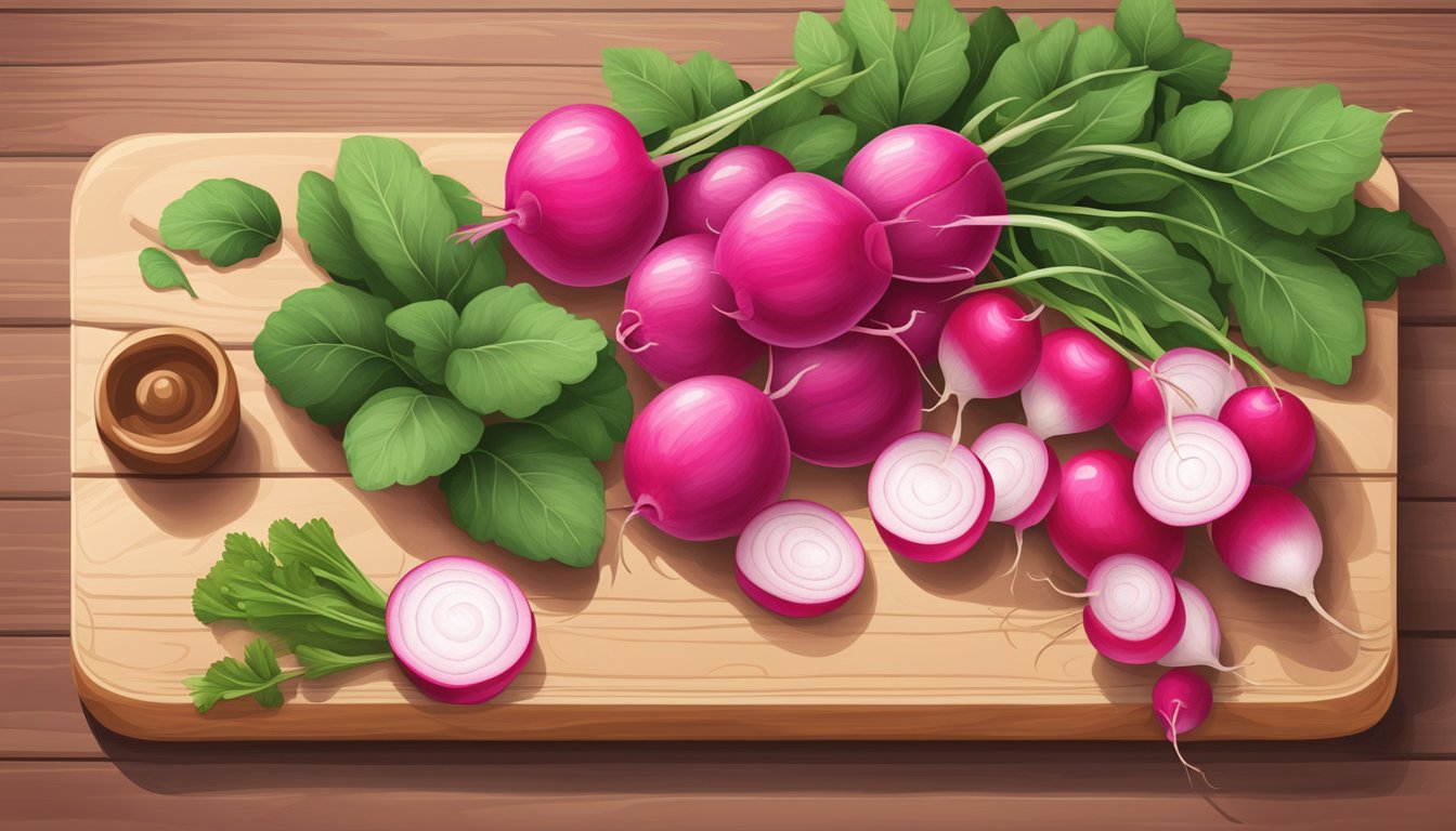 A vibrant china rose and a bunch of fresh radishes arranged on a wooden cutting board