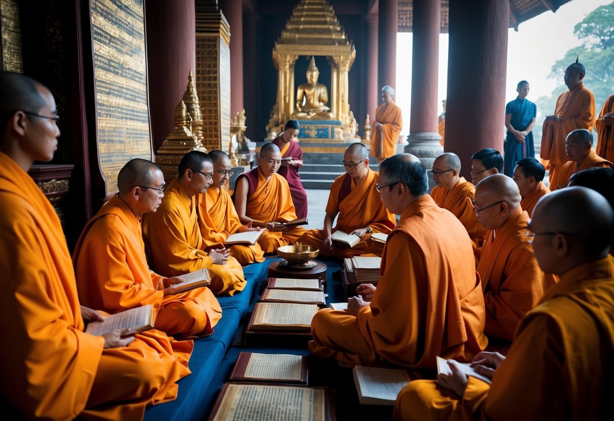 A group of individuals in traditional robes gather in a serene temple, engaged in deep conversation and study, surrounded by ancient scriptures and religious artifacts