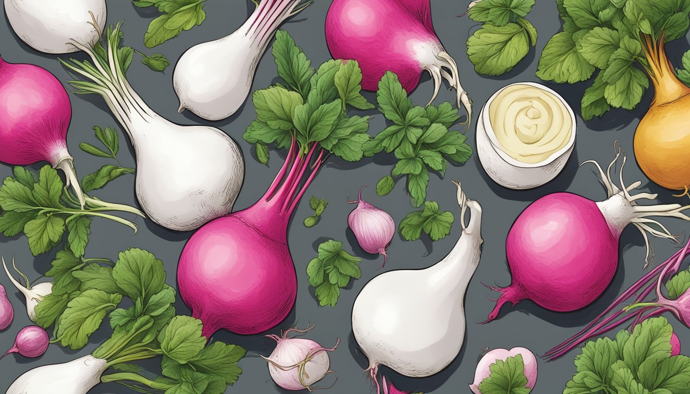 A china rose radish being used as a substitute in a dish, surrounded by other flavor affinities like herbs and spices