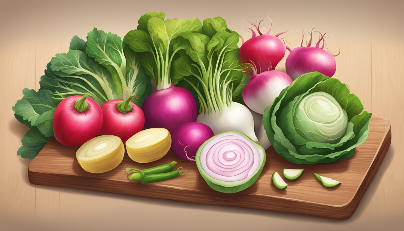 A vibrant array of fresh produce, including vibrant China rose radishes, and various other colorful vegetables, neatly arranged on a wooden cutting board