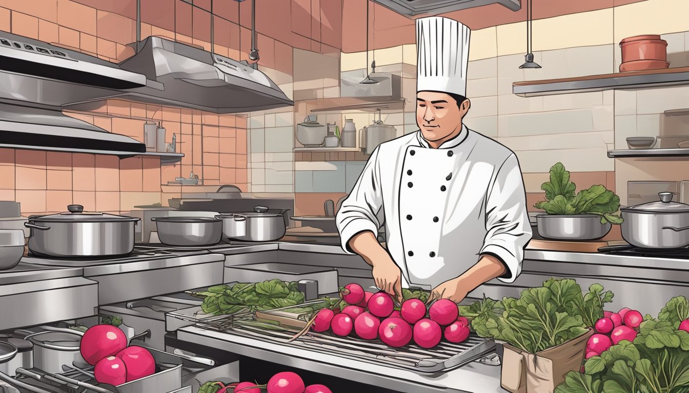 A chef grates vibrant red china rose radishes as a substitute in a bustling kitchen