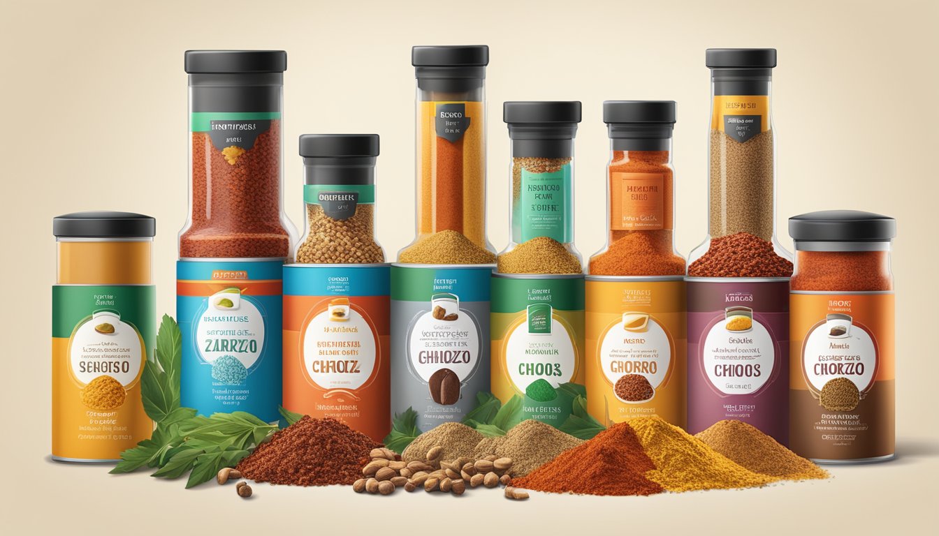 A variety of seasonings and spices arranged in a colorful and vibrant display, evoking the flavors and aroma of chorizo