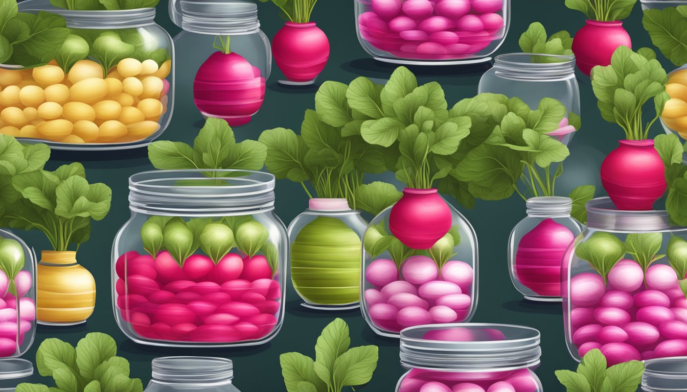 A shelf lined with rows of colorful china rose radishes, neatly preserved and stored in glass jars