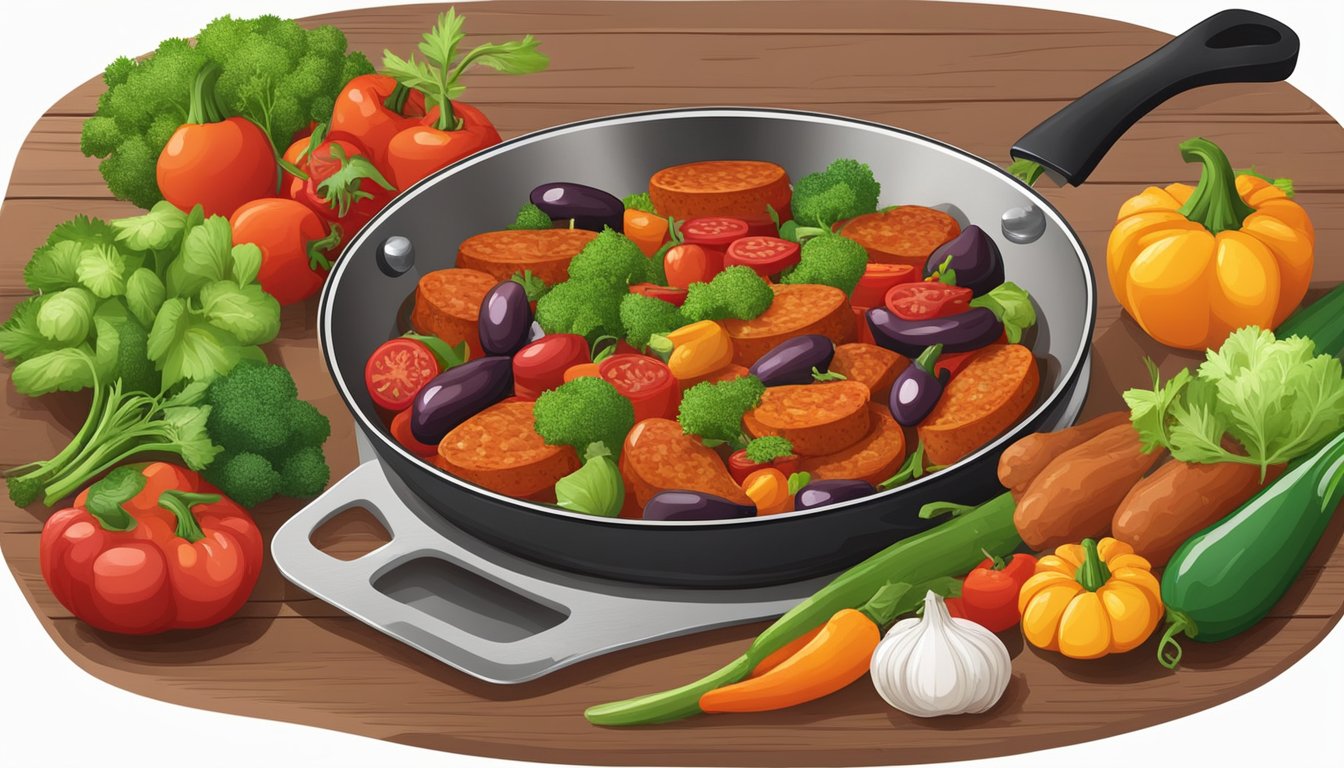 A sizzling pan holds a variety of chorizo substitutes, surrounded by colorful vegetables and aromatic herbs, ready to be used in a delicious dish