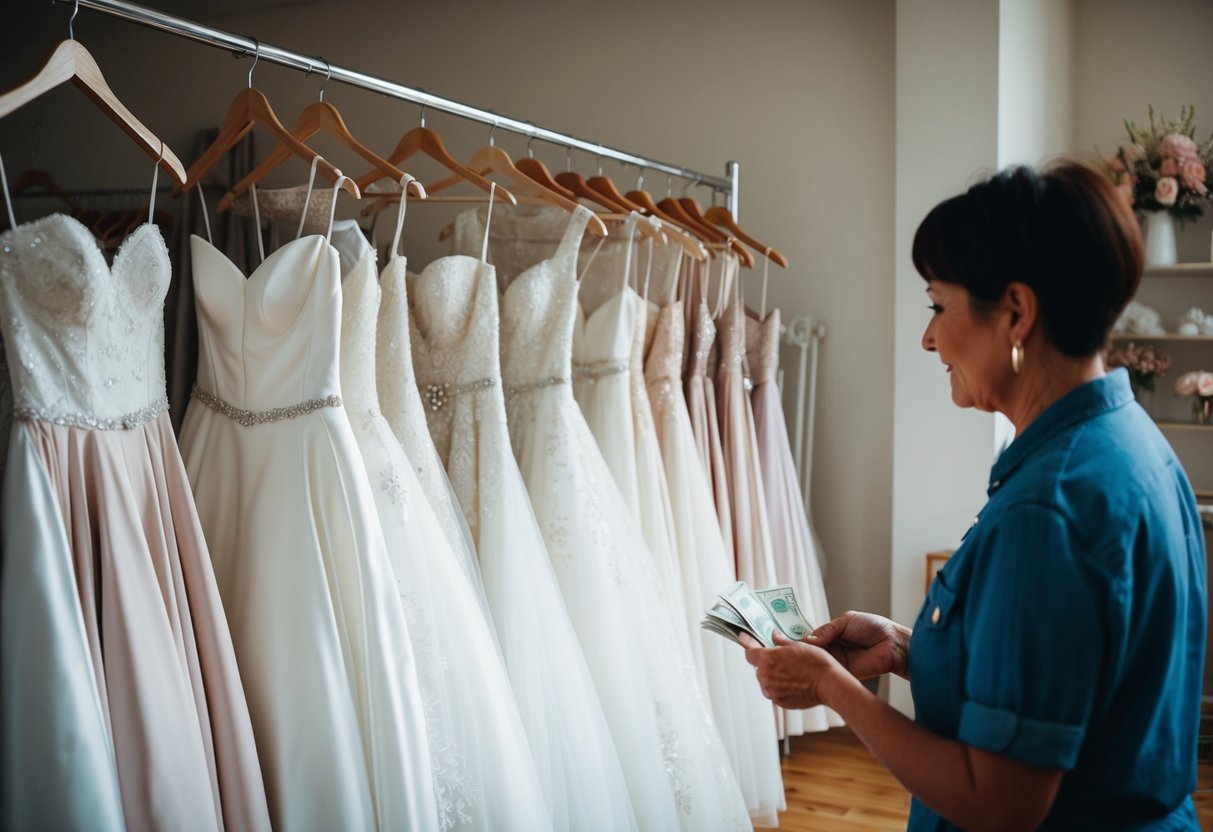 A rack of elegant wedding dresses displayed in a secondhand boutique, with a customer handing over cash to the store owner