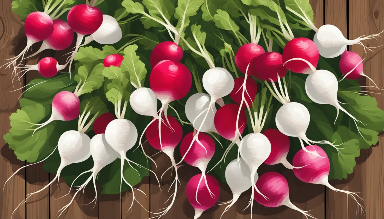 A vibrant bouquet of red and white radishes, arranged in a decorative pattern on a rustic wooden table