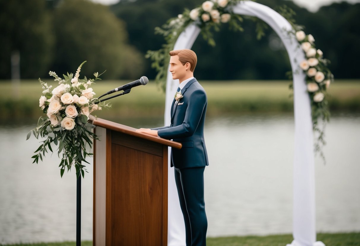 A figure standing at a podium with flowers and a wedding arch in the background