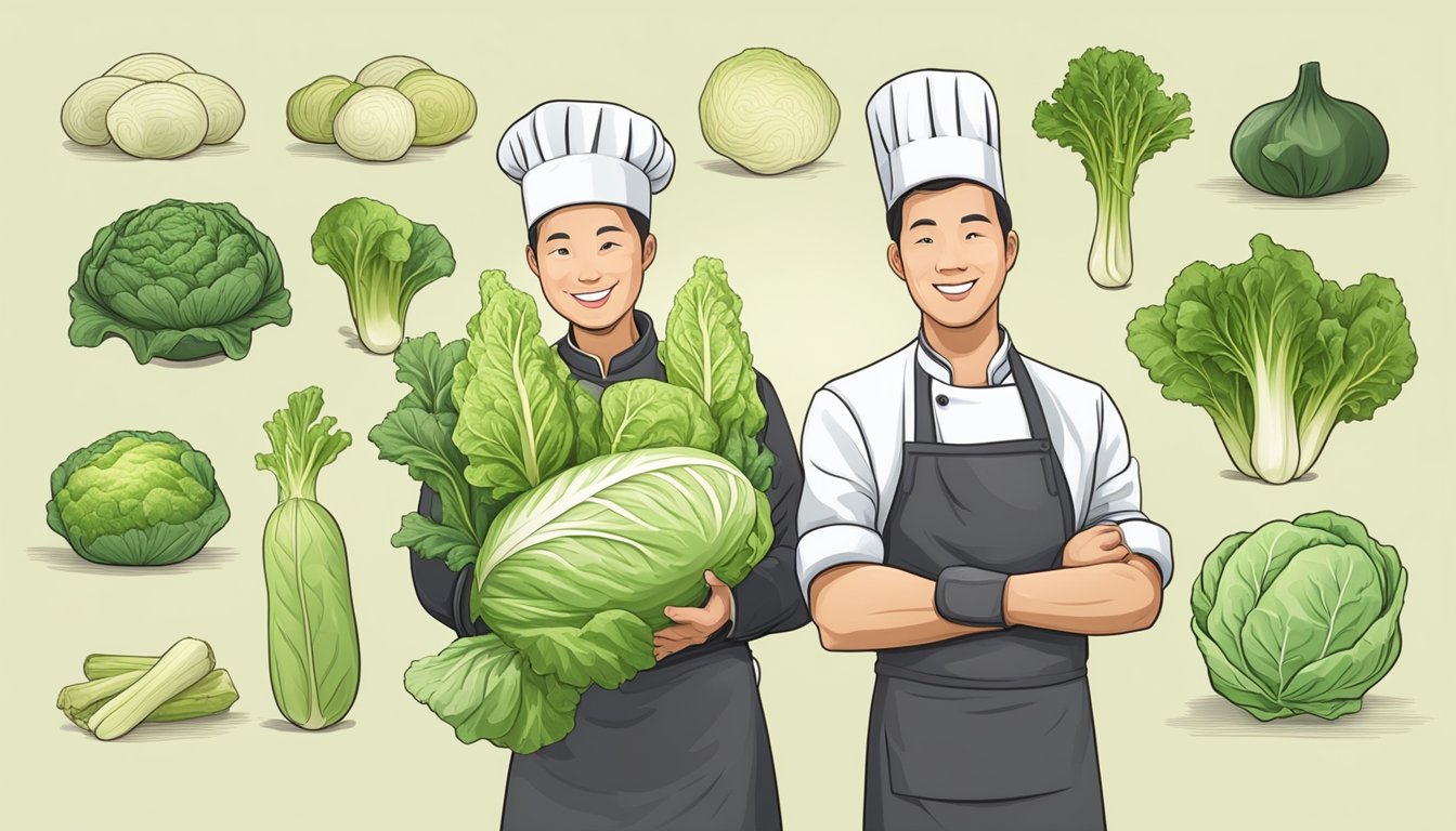 A chef holding Chinese cabbage and various substitute vegetables for comparison