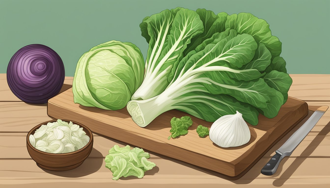 A colorful array of Chinese cabbage and its substitutes, including bok choy, napa cabbage, and tatsoi, arranged on a wooden cutting board