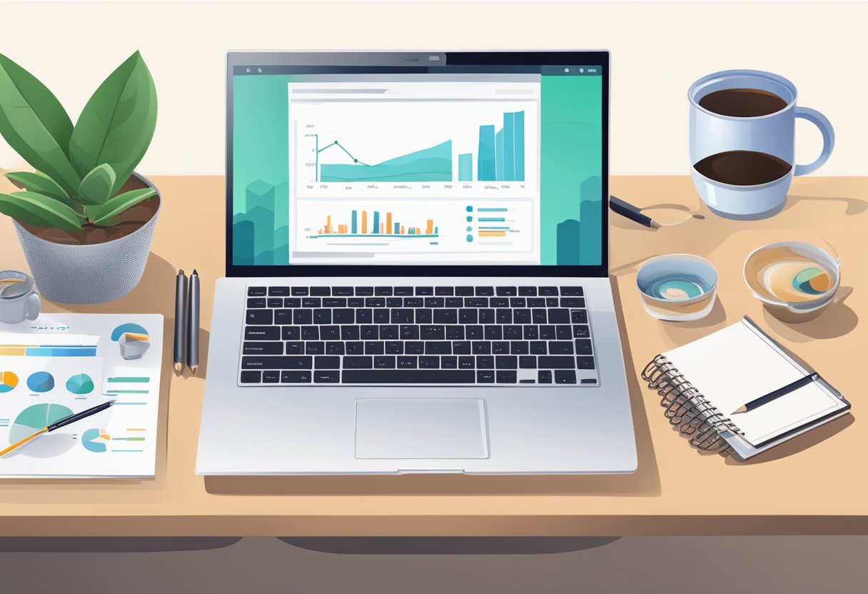 A laptop displaying an email marketing dashboard with graphs and charts, surrounded by a cup of coffee, potted plant, and a notepad with a pen