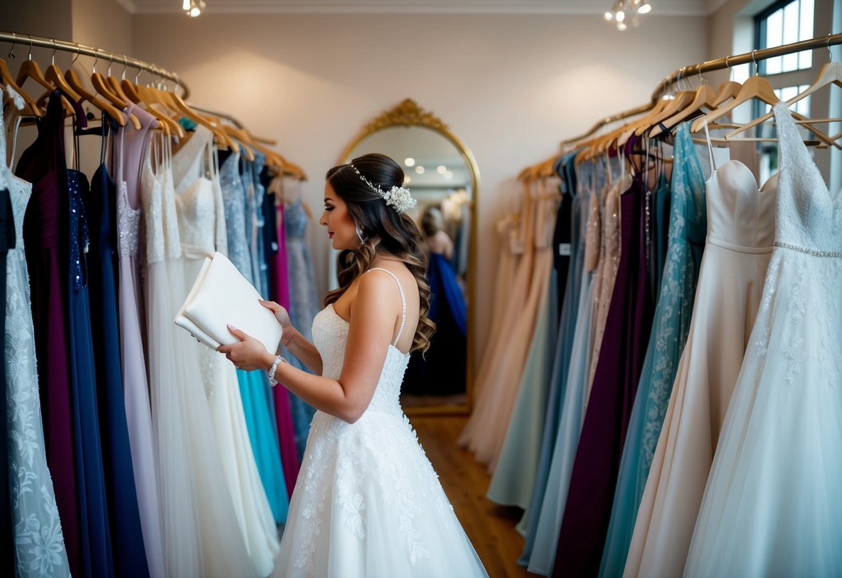A bride browsing through various wedding dress options in a boutique, surrounded by racks of elegant gowns and accessories