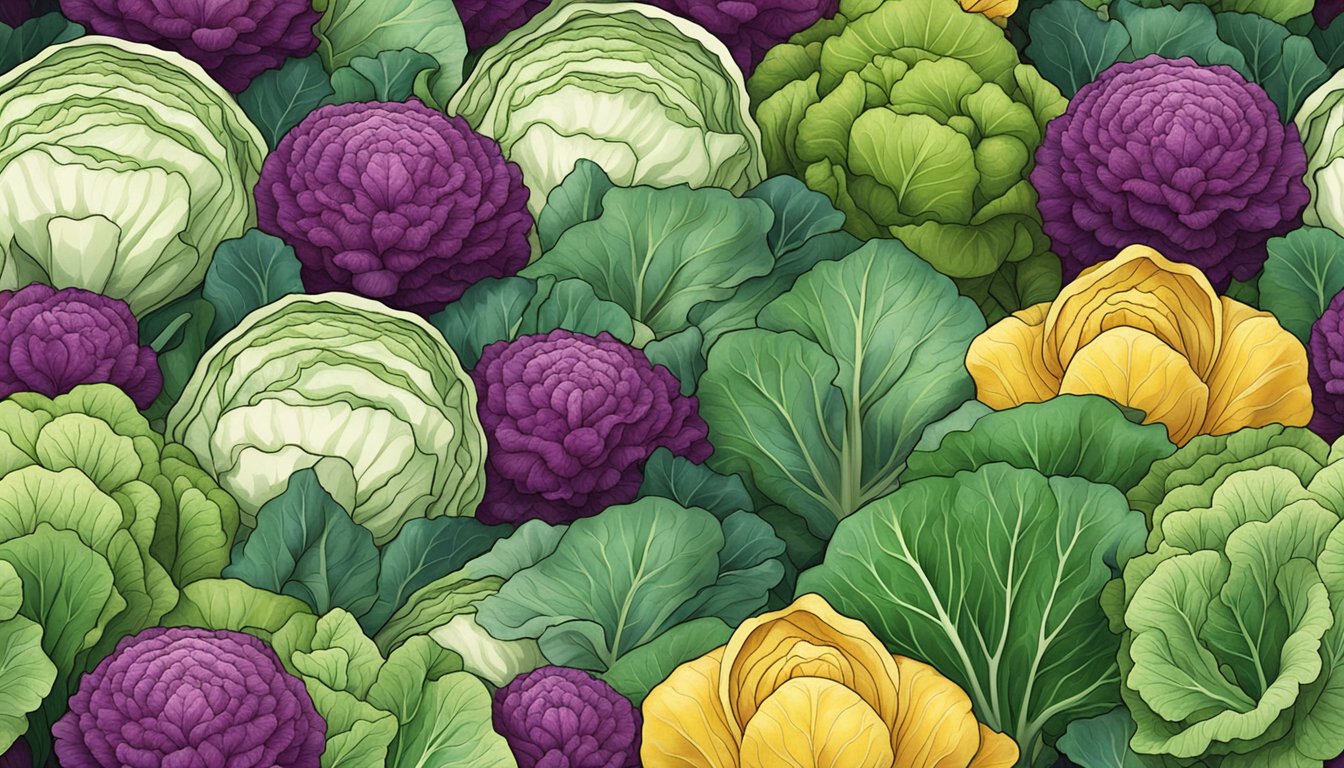 A colorful array of cabbage varieties, including Napa, bok choy, and savoy, each with distinct leaf shapes and textures