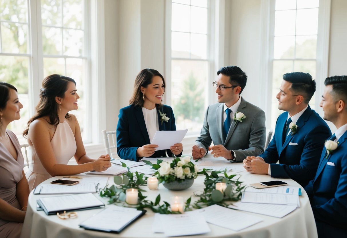 A couple sits at a table covered in wedding planning materials, discussing the possibility of having a friend or family member officiate their personalized ceremony