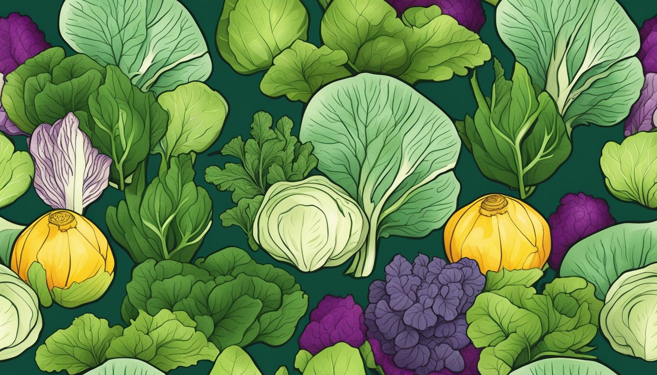 A variety of leafy greens arranged in a colorful display, including bok choy, napa cabbage, and spinach, with vibrant hues and different textures