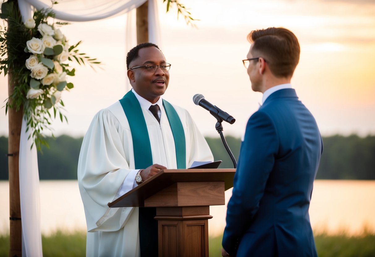 An officiant speaking at a podium, with a serene backdrop and wedding decor