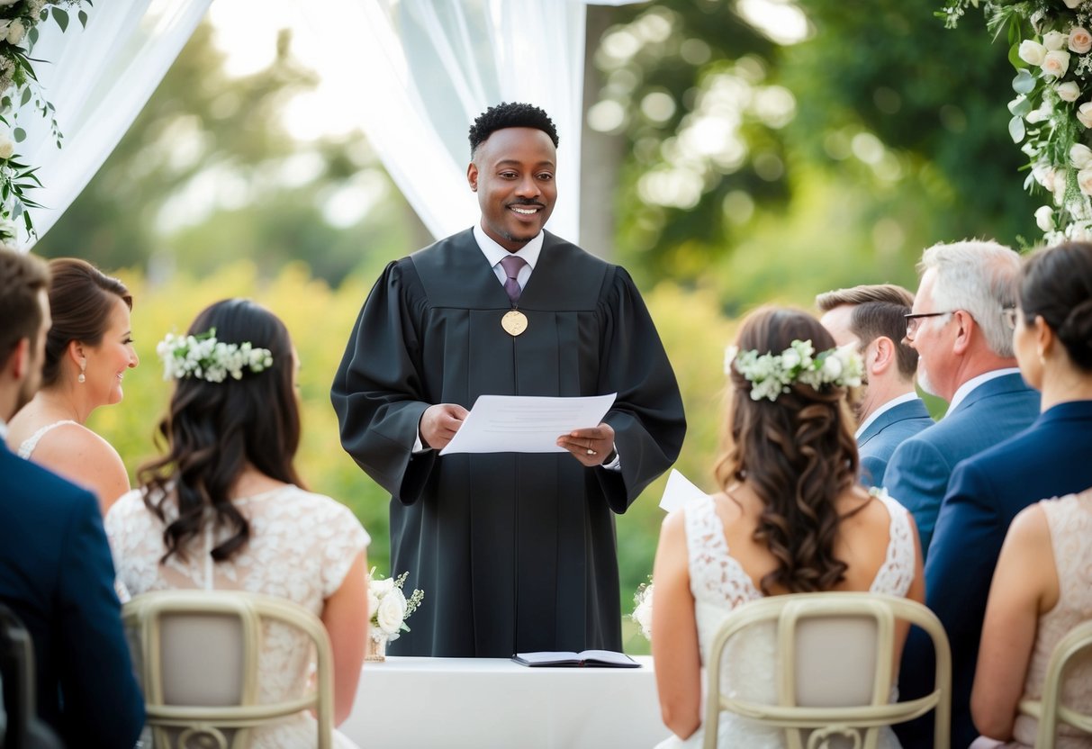 A celebrant officiates a wedding ceremony, standing before the couple and their guests, with legal documents and a decorative backdrop