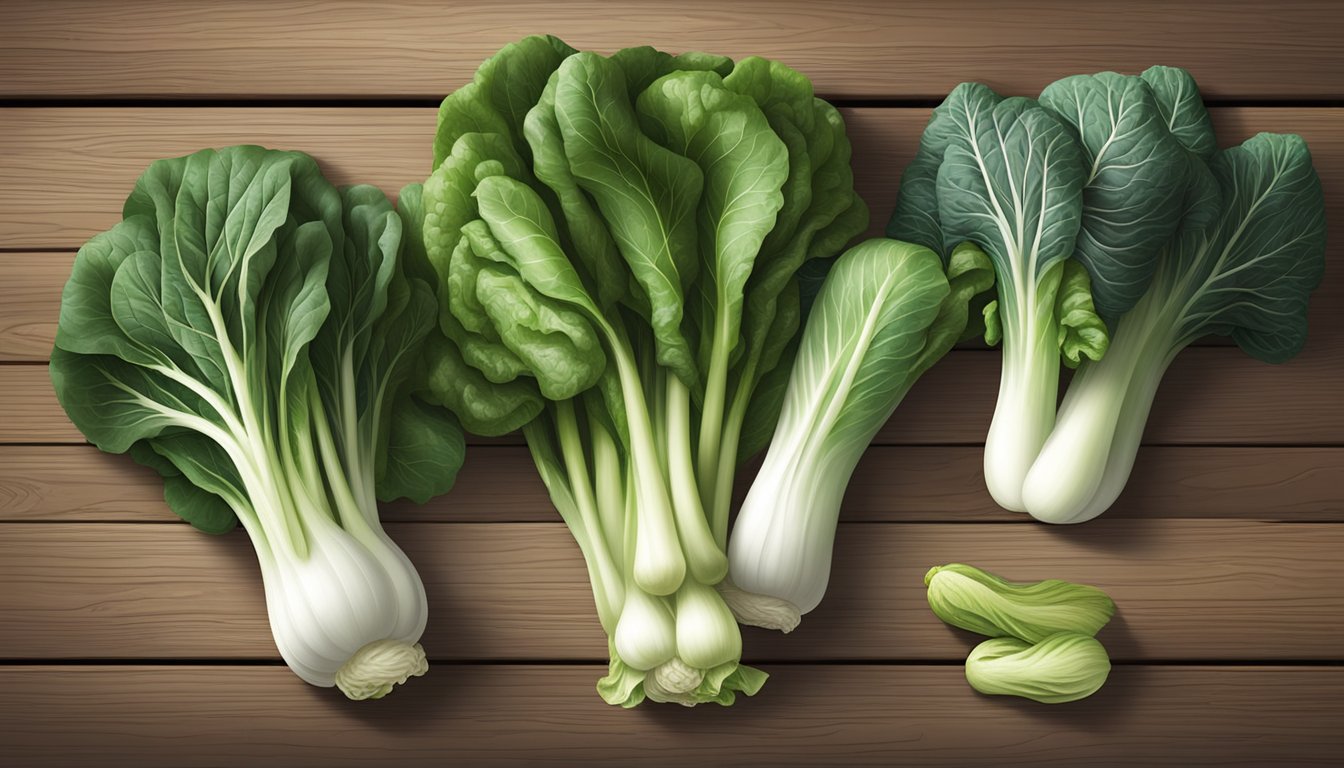 A colorful array of fresh vegetables, including bok choy, napa cabbage, and tatsoi, arranged on a rustic wooden table