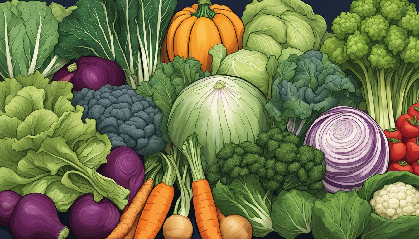 A colorful array of vegetables, including kale, bok choy, and napa cabbage, arranged in a vibrant display at a farmer's market