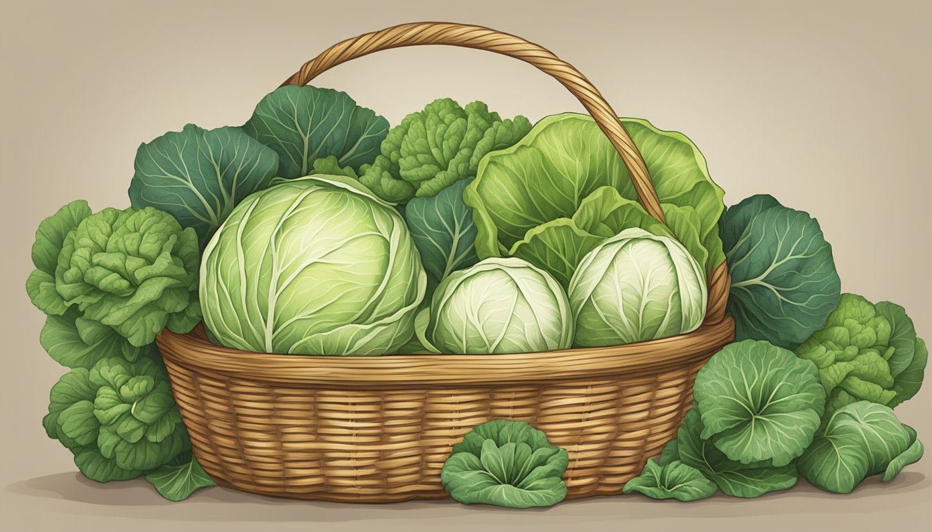 A colorful array of cabbage substitutes - bok choy, napa cabbage, and savoy cabbage - arranged in a rustic wicker basket