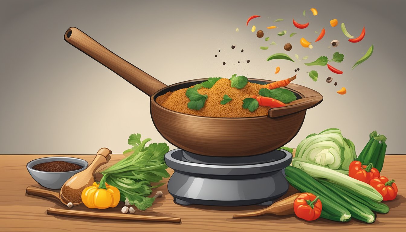 A wooden spoon sprinkling Chinese five-spice powder over a sizzling wok of stir-fry vegetables. A mortar and pestle sits nearby with whole spices