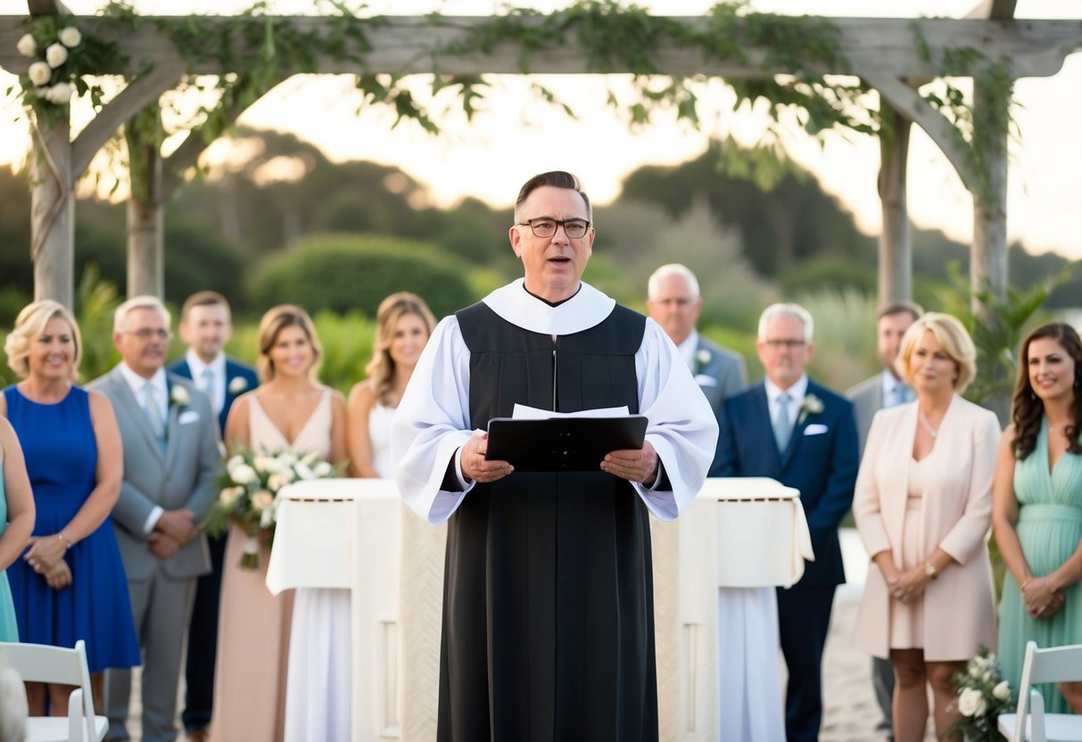 An officiant standing at the altar, speaking to the gathered guests with a serene garden or beach setting in the background