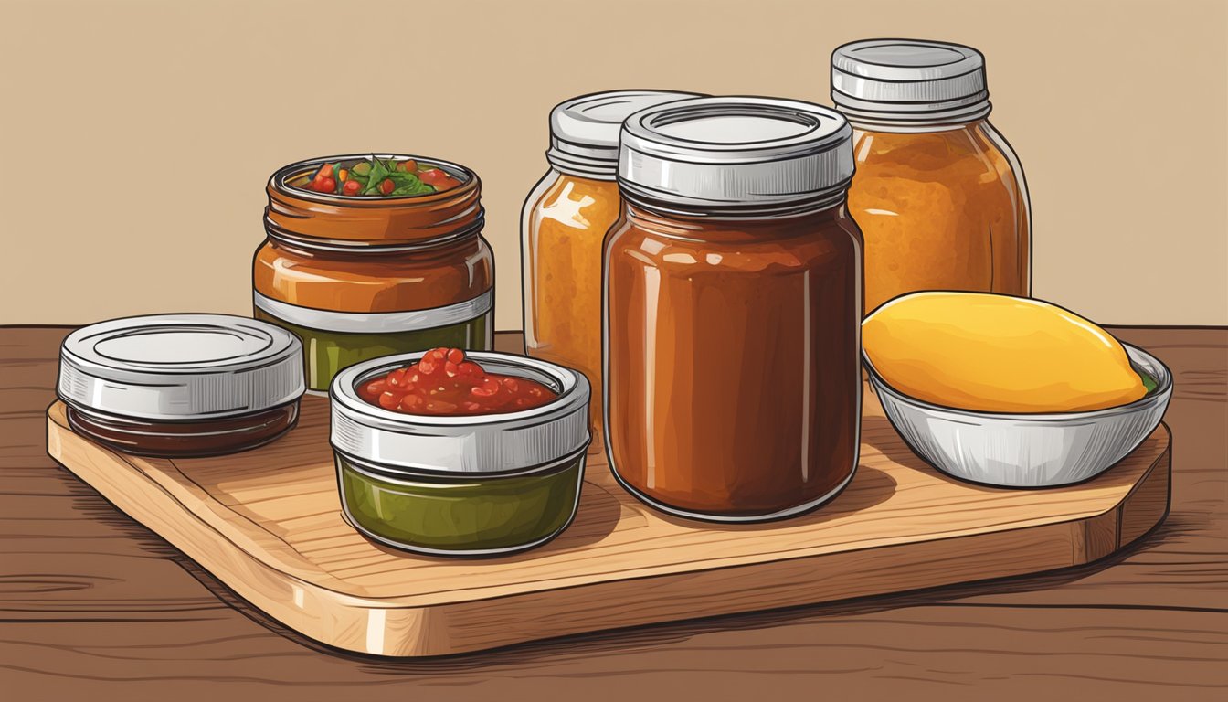 A table with various jars of alternative chutney options: tomato relish, mango salsa, and apple butter arranged neatly on a wooden cutting board