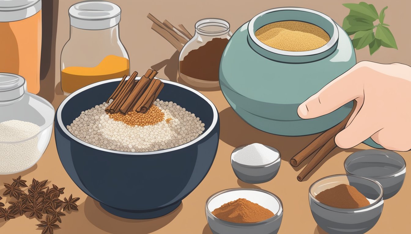 A hand sprinkles various spices into a mixing bowl, adjusting flavors and heat levels. A jar of Chinese five spice powder sits nearby