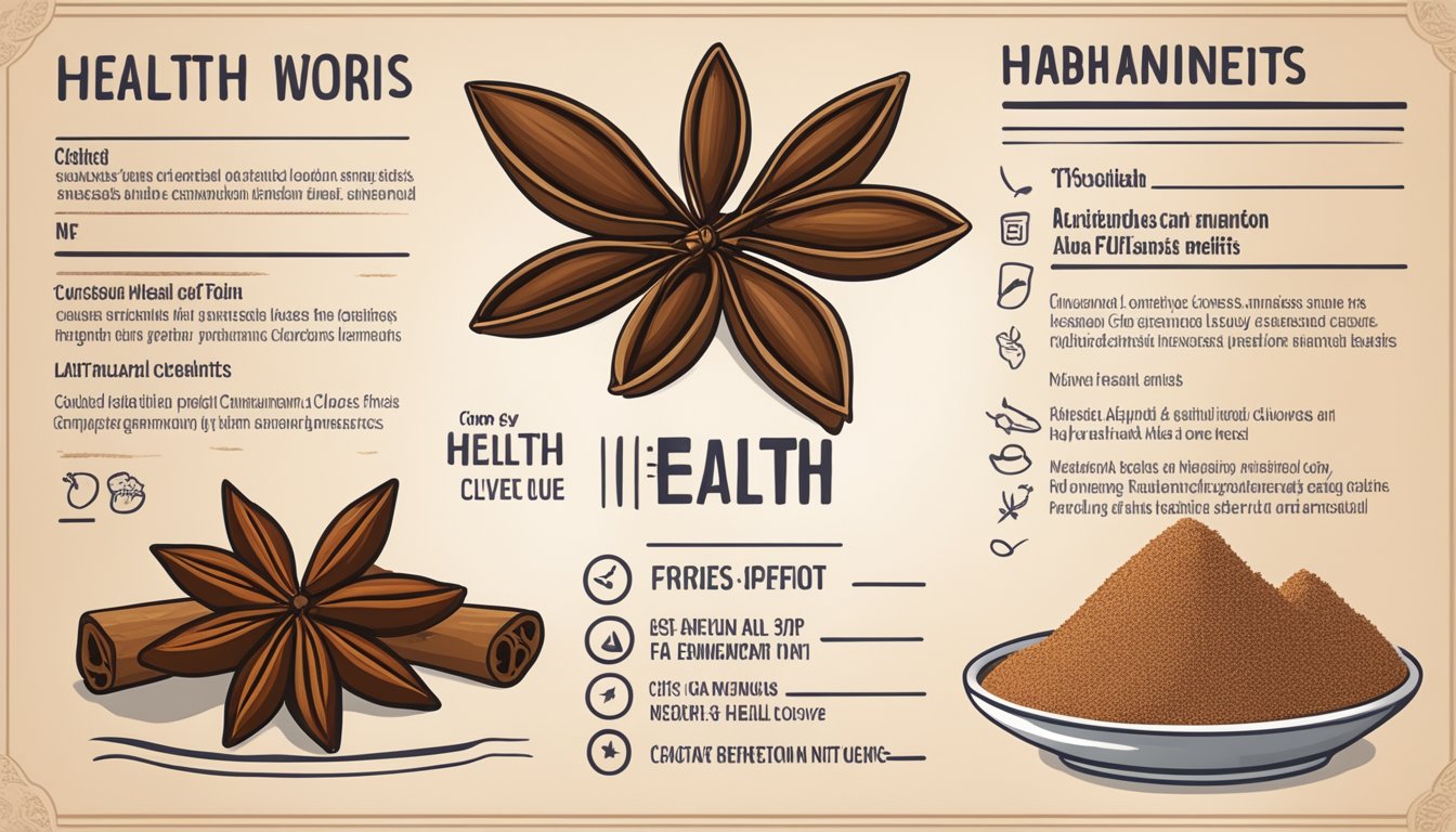 A variety of ingredients such as star anise, cloves, and cinnamon arranged next to a nutrition label and a list of health benefits