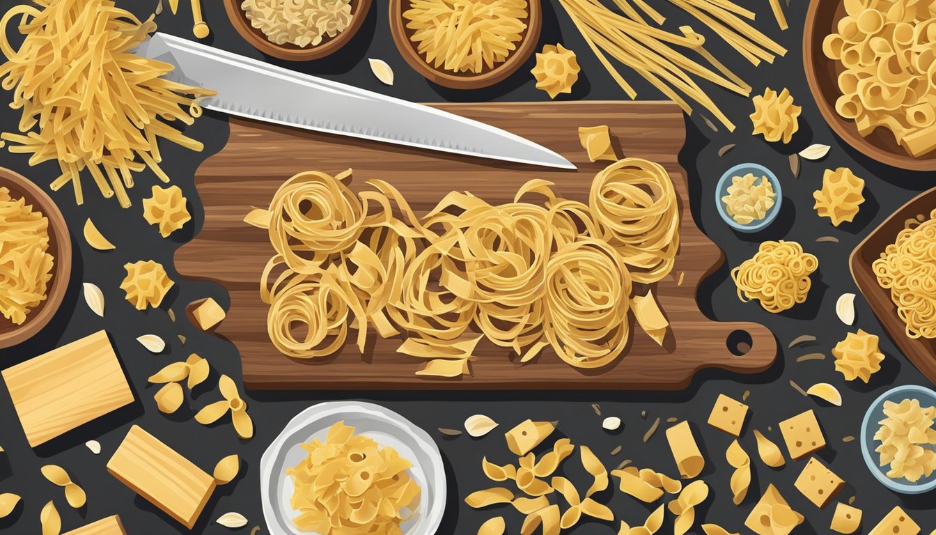 A wooden table with a pile of chitarra pasta surrounded by various pasta shapes and ingredients. A chef's knife and cutting board sit nearby