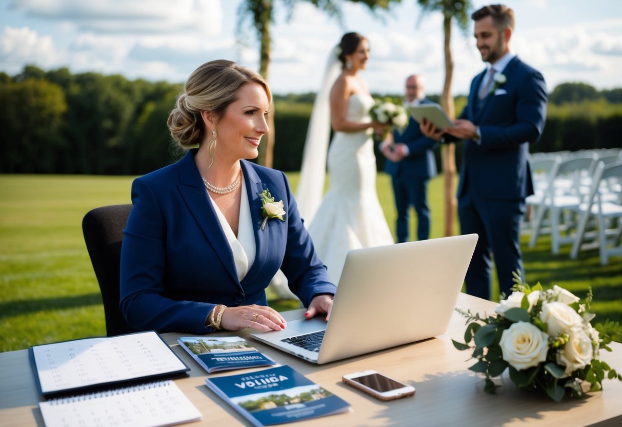 A wedding planner sits at a desk with a calendar, venue brochures, and a laptop. A day-of coordinator stands at a ceremony site, directing vendors and setting up decorations