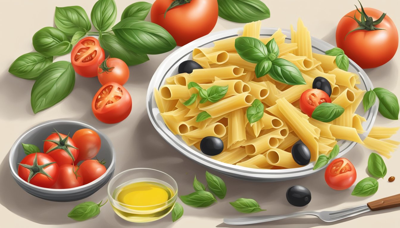 A bowl of chitarra pasta surrounded by fresh ingredients like tomatoes, basil, and olive oil