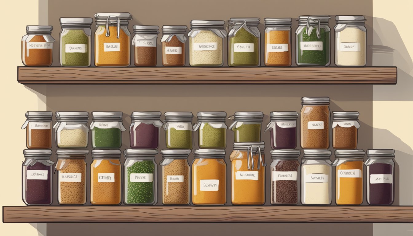 A pantry shelf lined with neatly labeled jars of various chutney substitutes, surrounded by bundles of fresh herbs and spices