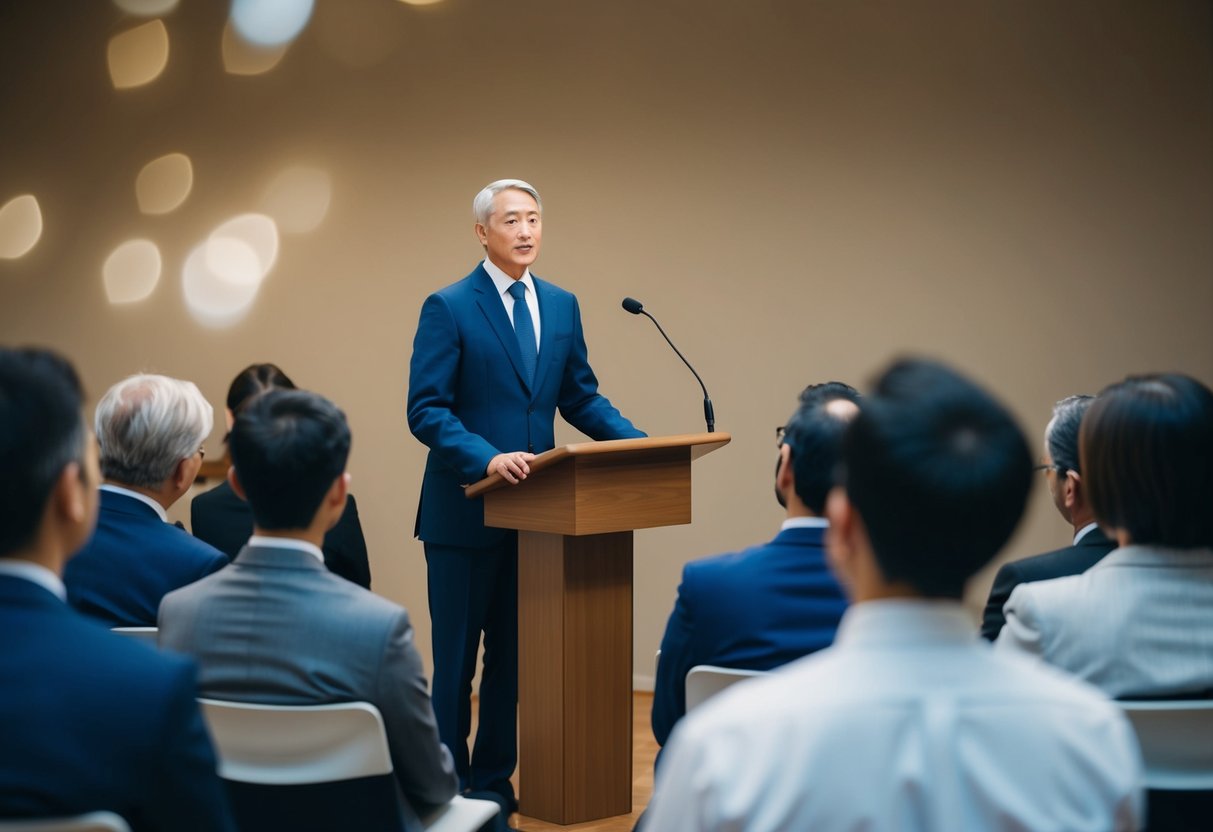 A figure in a formal attire standing at a lectern, addressing a group of seated individuals in a professional setting