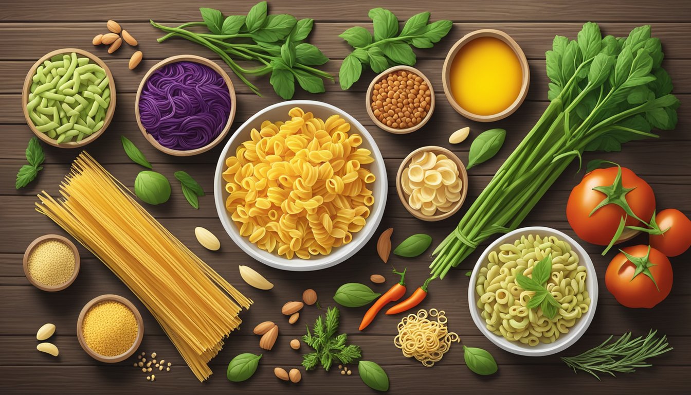 A colorful array of legume-based chitarra pastas arranged on a rustic wooden table, surrounded by fresh herbs and vegetables