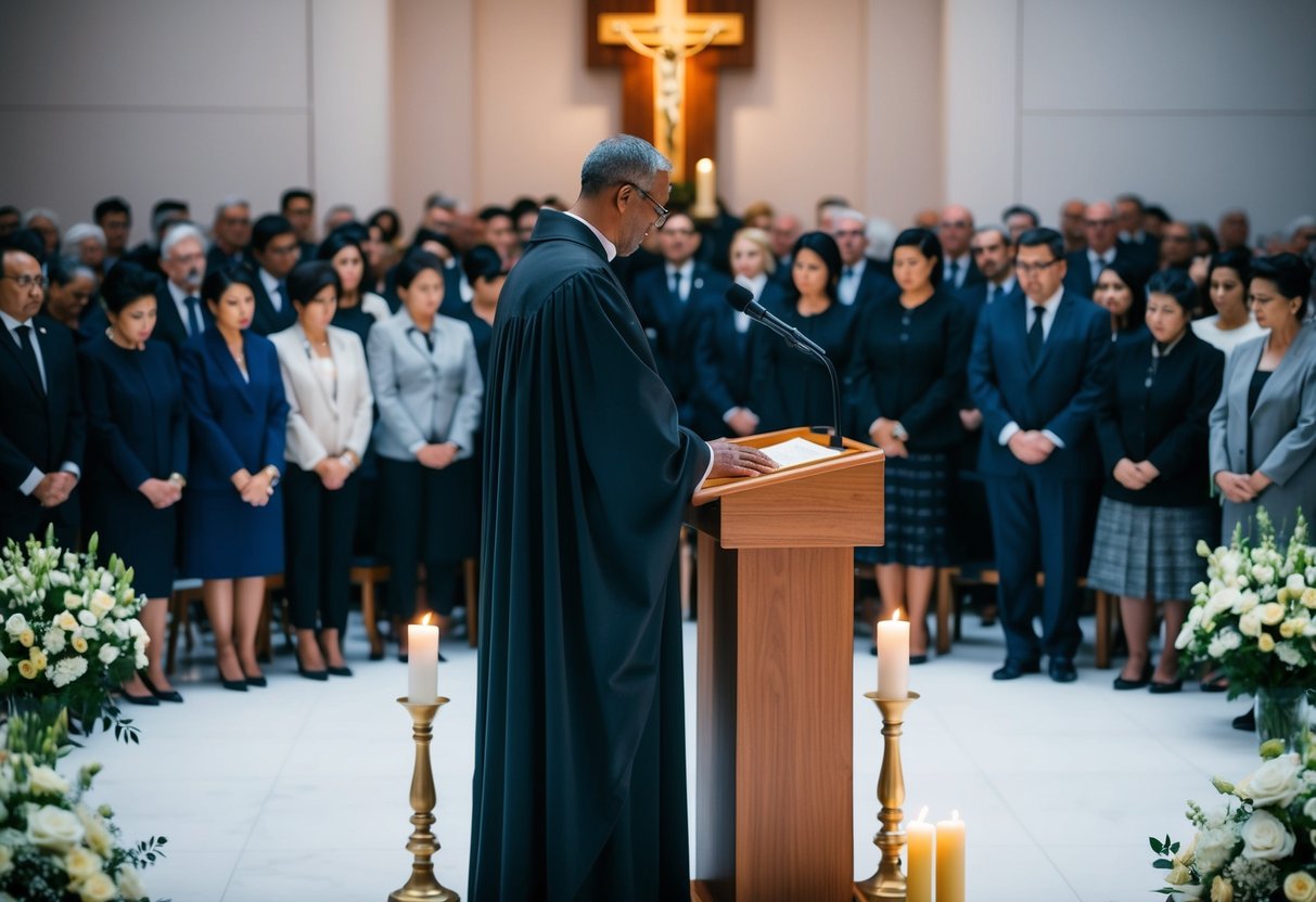 A figure standing at a podium, leading a gathering of mourners in a solemn ceremony. Flowers and candles adorn the space