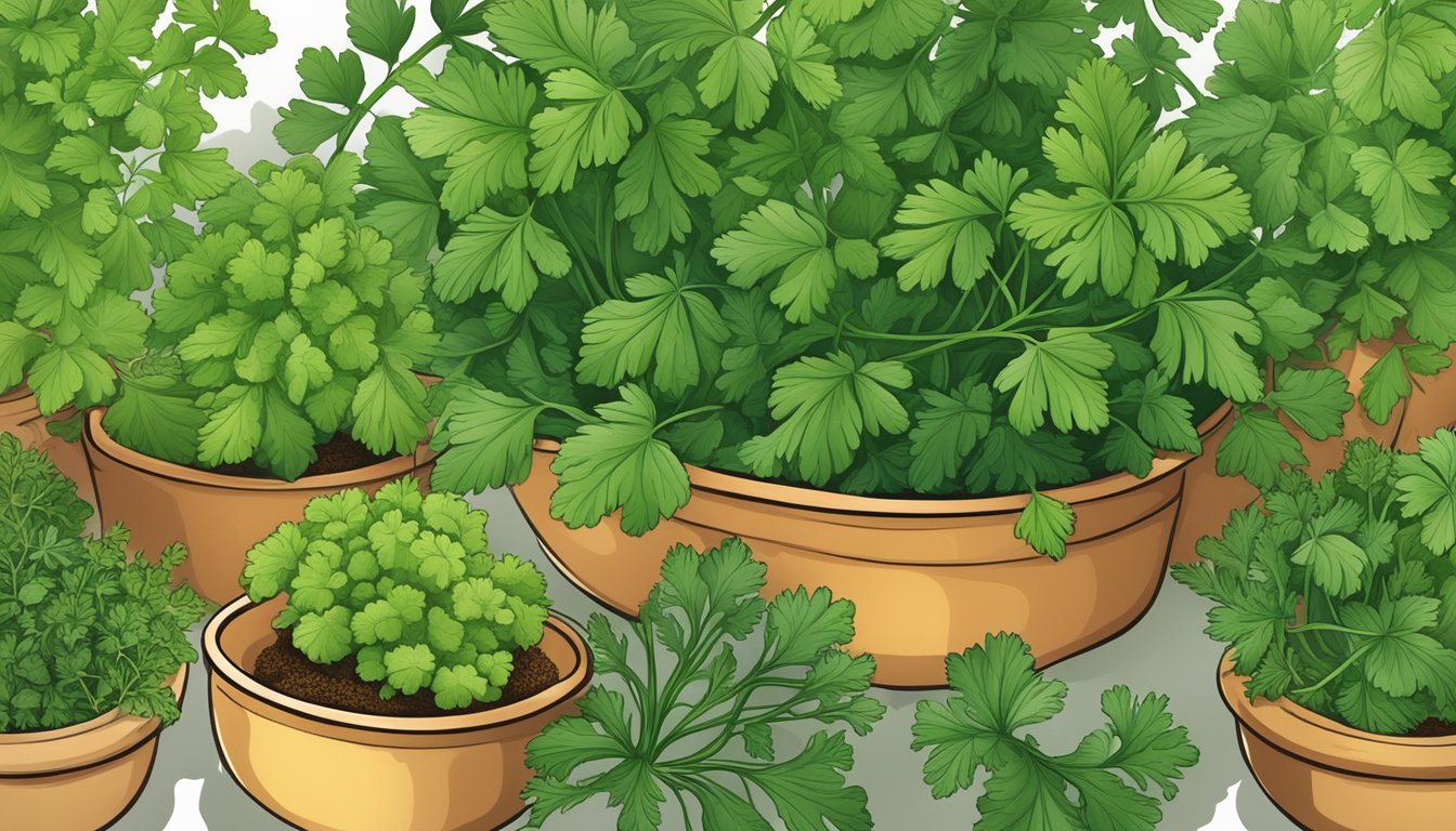 A bunch of cilantro with roots intact, surrounded by various substitute herbs and spices