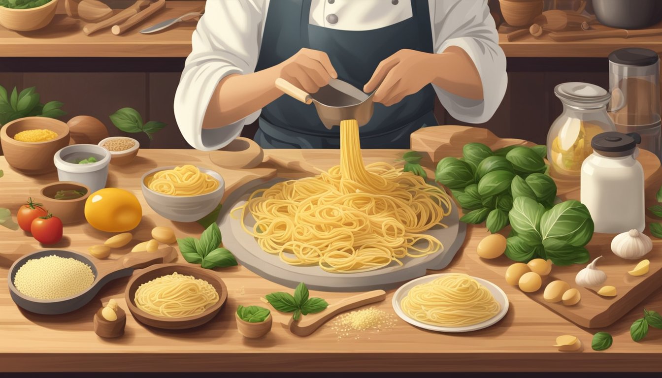 A chef prepares chitarra pasta substitutes, surrounded by various ingredients and cooking utensils on a wooden countertop