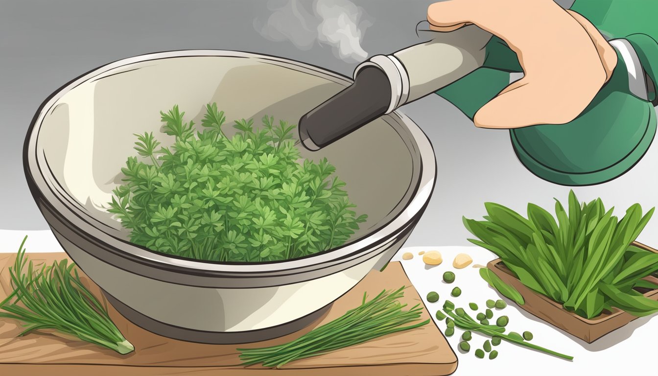 A mortar and pestle crushing chives and other herbs into a fragrant blend