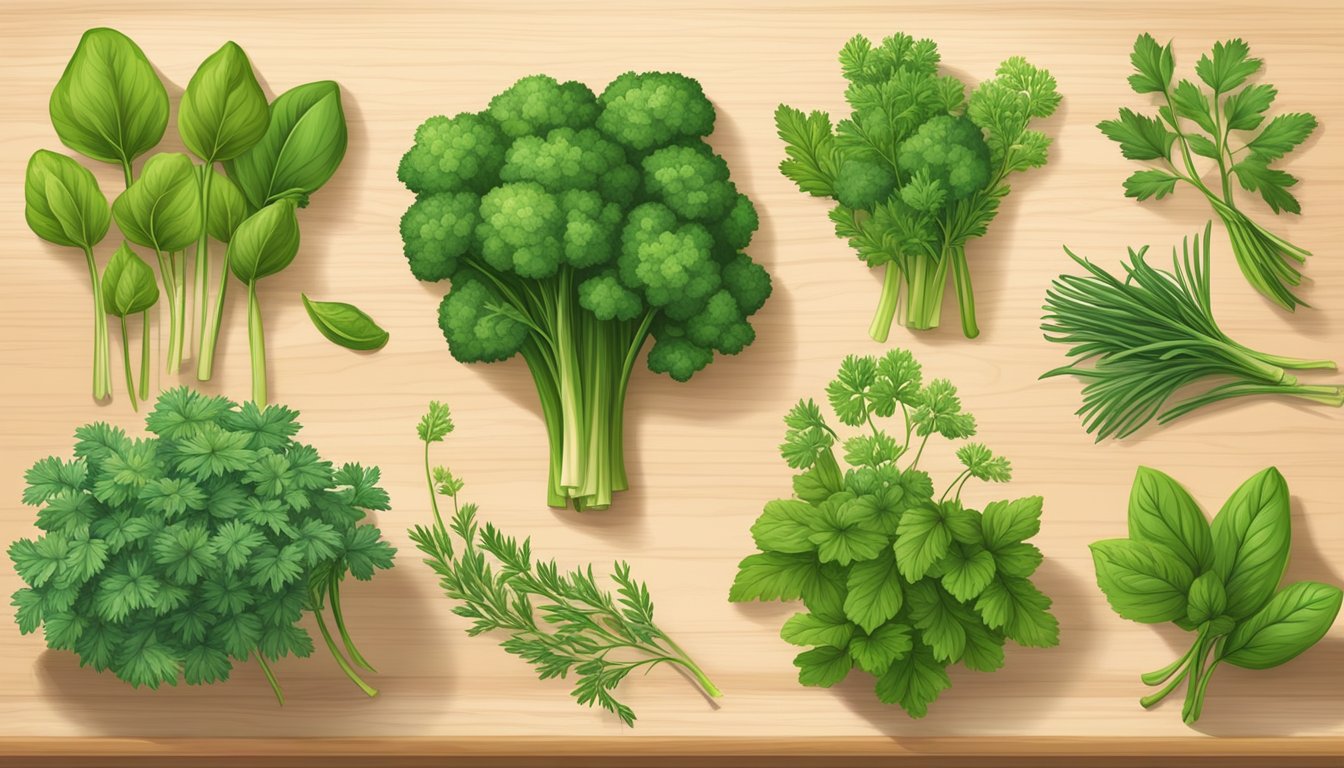 A variety of herbaceous plants with vibrant green leaves and delicate stems, including parsley, basil, and dill, are arranged on a wooden cutting board