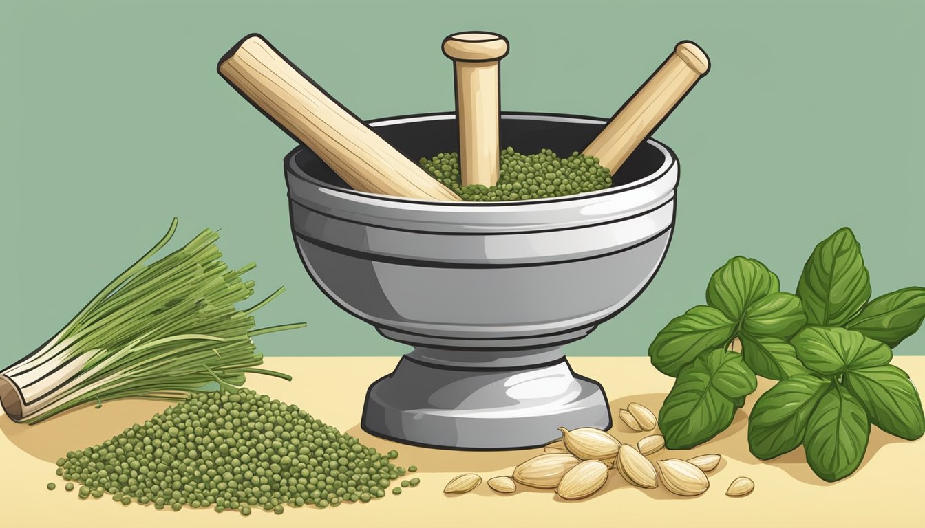 A mortar and pestle crushing coriander seeds, lemongrass, and ginger to create a unique flavor alternative to cilantro roots