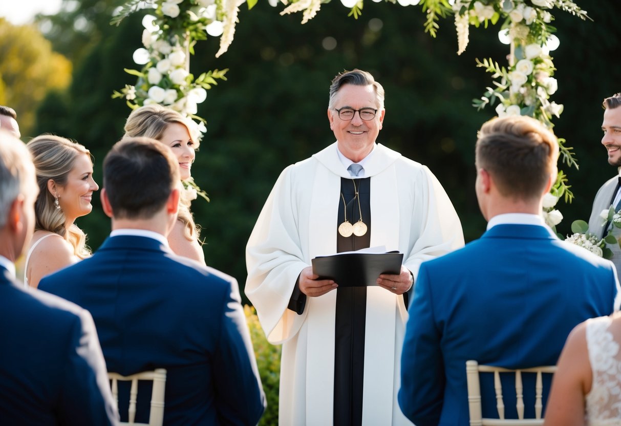 The officiant stands at the front of the ceremony, positioned near the couple and their guests