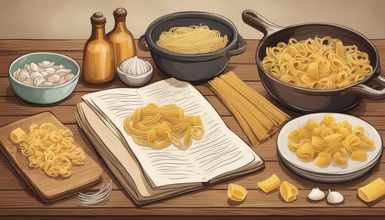 A rustic kitchen with various pasta shapes and ingredients laid out on a wooden table, with a handwritten recipe book open to a page on chitarra pasta substitutes