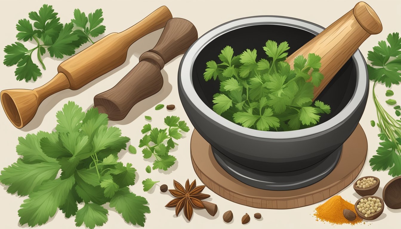 A mortar and pestle crushing cilantro roots and various spices as substitutes